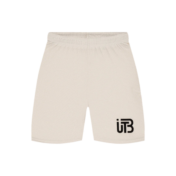 TBIU Mesh Shorts in minimal style -  Ivory , relaxed fit, polyester mesh, with internal draw cords. Model wearing size S.