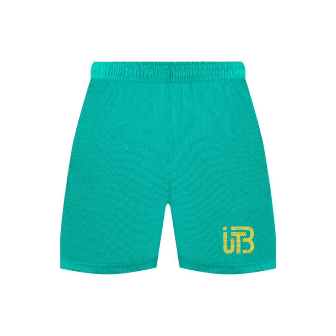 TBIU Mesh Shorts in minimal style - Lightseagreen , relaxed fit, polyester mesh, with internal draw cords. Model wearing size S.